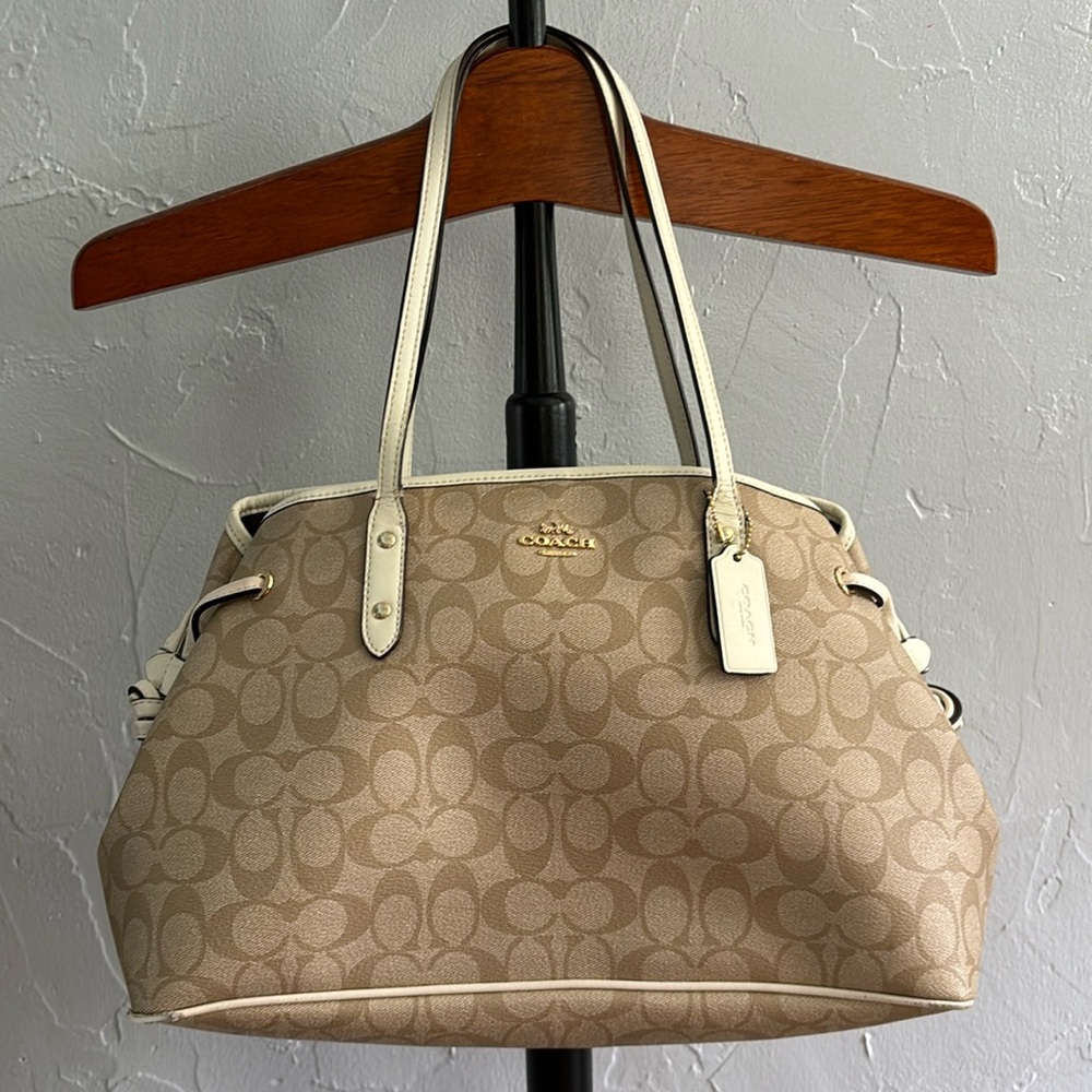 Coach F57842 coated canvas monogram purse cream tan multi compartment-REHAB